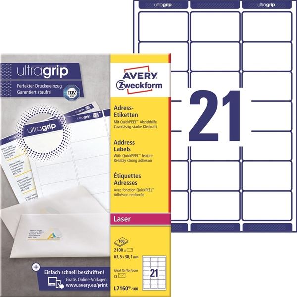 Avery L7160-100 selbstklebendes Etikett Abgerundetes Rechteck Dauerhaft Weiß 2100 Stück(e)