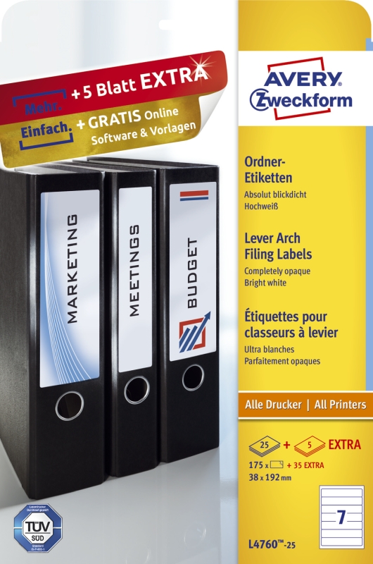 Universaletiketten 192x38 weiß AVERY ZWECKFORM L4760-25 Ordne