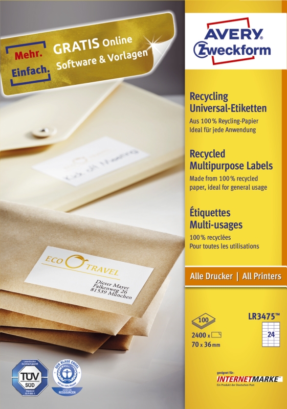 Universaletiketten 70x36 weiß AVERY ZWECKFORM LR3475 Recycli