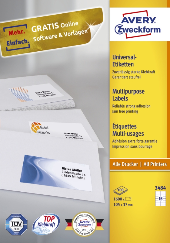 Universaletiketten 105x37 weiß AVERY ZWECKFORM 3484