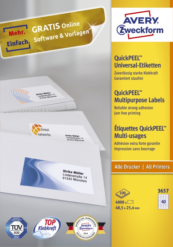 Universaletiketten 48,5x25,4 AVERY ZWECKFORM 3657 QuickPeel